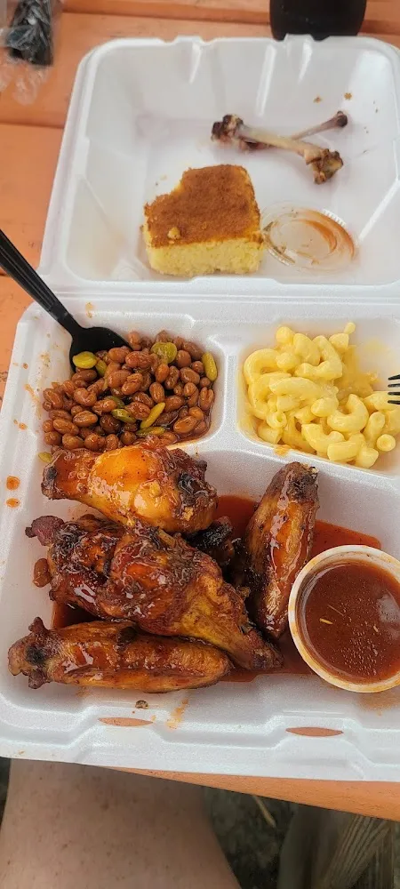 Smoked Wings Baked Beans Mac and Cheese